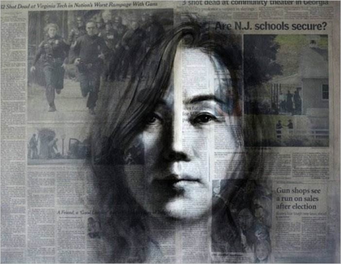 Художница Shin Young — портреты на газете