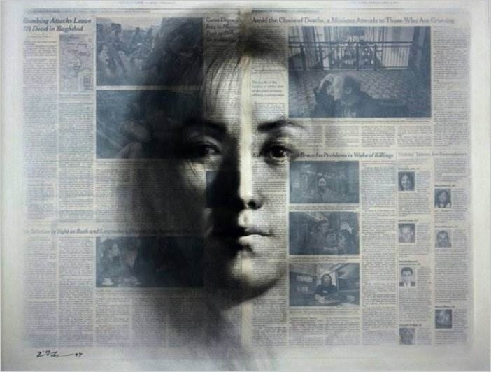 Художница Shin Young — портреты на газете